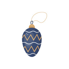 Vector dark blue Christmas tree ornament with zigzag patterns in a hand-drawn style on a white background. Festive decoration perfect for holiday design, printing, cards, and decorations.