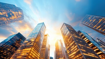 the skyscrapers in the cityscape stand tall against the deepening dusk, their illuminated windows creating a mesmerizing urban skyline that glows brightly in the night.
