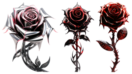 PNG Three metallic roses in silver and red with sharp petals element set on transparent background.