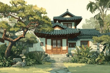 Fototapeta premium serene scene of traditional korean hanok house in garden rendered in minimalistic style
