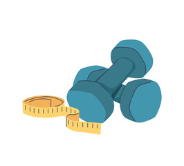 Dumbbells, measuring tape. Free weights, dumbells for fitness, sports workout, strength training, exercising.