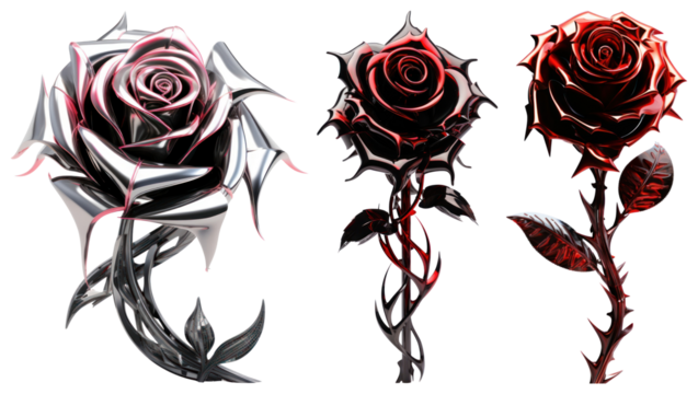 PNG Three metallic roses in silver and red with sharp petals element set on transparent background.