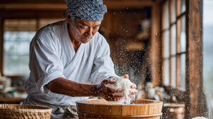 A close-up of a 50-year-old Japanese man's hands gently washing sake rice in a wooden tub. He wears a crisp white brewery uniform and a traditional tenugui headband.