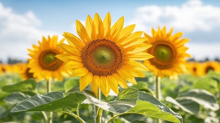 Obraz premium the vibrant and golden sunflowers stand tall in a field, their large petals reaching towards the bright blue sky as they bask in the warmth of the sun.