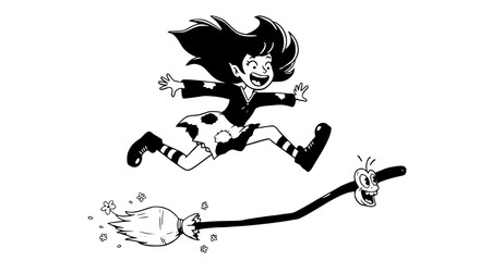 Joyful Witch and Animated Broomstick Soaring Through the Air