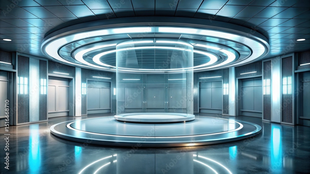 Poster futuristic cylindrical display platform in a modern, sleek interior space with illuminated walls and