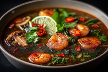 Bowl of Tom Yum Thai sour soup with shrimp, mushrooms, greens, slice of lime. Concept of warm, flavorful Tom Yum, showcasing vibrant ingredients and textures.