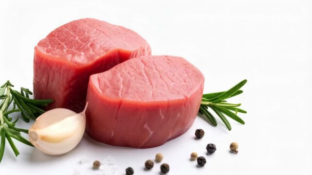Two raw beef filets mignon with rosemary, garlic clove, peppercorns, and salt on a white background