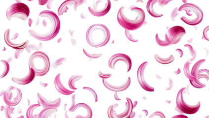 Red onion slices scattered on black background