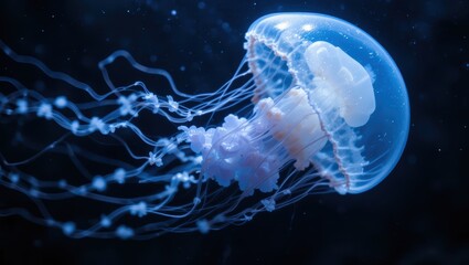 Obraz premium Glowing Jellyfish Swimming Gracefully in Dark Underwater Environment with Ethereal Beauty