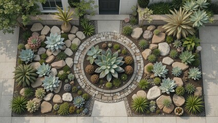 Aerial View of a Succulent Garden Arrangement with Diverse Textures and Stones in a Modern Landscape Design