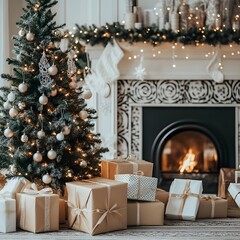Warm Holiday Vibes in a Cozy Room Featuring a Christmas Tree and Fireplace, fireplace with christmas tree