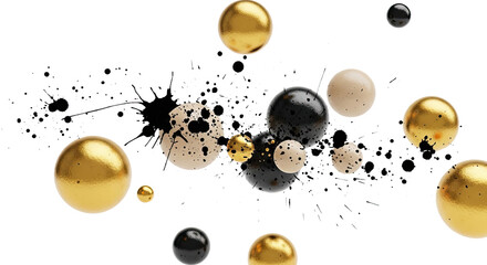 A captivating abstract composition featuring elegant gold, black, and beige spheres amidst dynamic ink splatters on a clean white background. Ideal for modern art and graphic design.