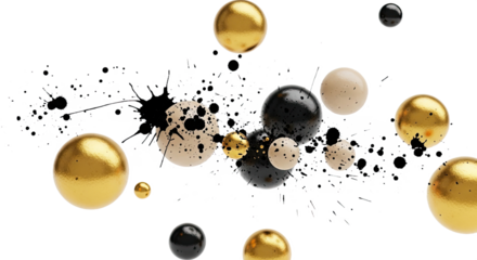 A captivating abstract composition featuring elegant gold, black, and beige spheres amidst dynamic ink splatters on a clean white background. Ideal for modern art and graphic design.
