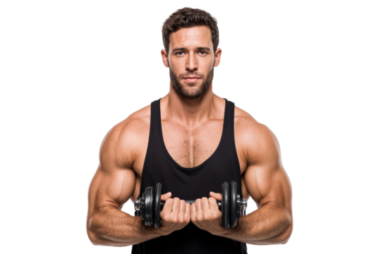 Fit muscular man lifting dumbbell. Fitness, gym, health, and workout concepts, isolated on transparent background