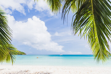 Naklejka premium Anse Lazio, Praslin, Seychelles. A scenic view of a serene tropical beach