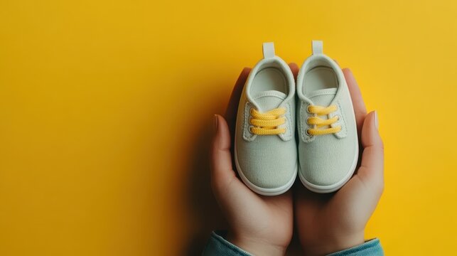 Adorable baby sneakers being held in hands against a vibrant yellow backdrop, symbolizing innocence, childhood, and the joy of new beginnings in one's life and experiences.