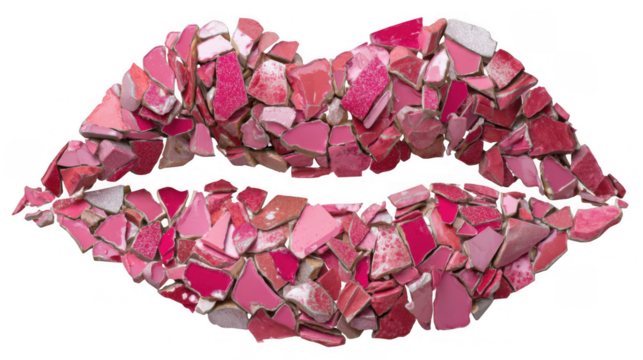 Pink lipstick shards forming the shape of kissing lips on a transparent background, creating a glamorous and edgy beauty concept with a touch of rebellion