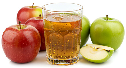 Cold apple juice in a transparent glass covered with water droplets, with red and green apples arranged artistically behind and partially beside the glass, isolated on a white background