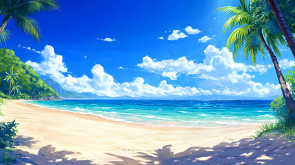 Obraz premium Tropical sea beach scene with clear turquoise water, white sandy shore and palm trees under a bright blue sky on a sunny day