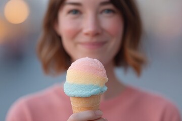 smiling person holding colorful ice cream cone blurred background commercial photography for advertising campaign professional