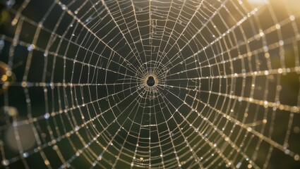 Fototapeta premium Intricate Spider Web Covered in Dew Glimmering in Morning Sunlight in Natural Environment