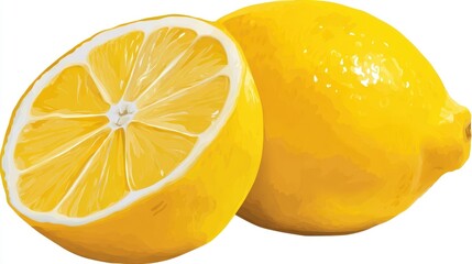 Two vibrant yellow lemons, one sliced in half, displayed against a plain white background.