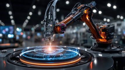Industry 4.0. Businessman holding Industry 4.0 technologies, transforming traditional manufacturing into smart factories with enhanced connectivity. Data-driven decision-making and automation.