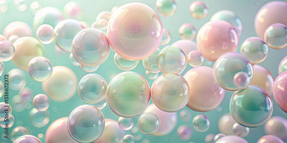 Poster A Dreamlike Array of Iridescent Spheres Floating in a Serene Aqua Background