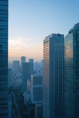 Obraz premium serene urban skyline captured from high vantage point at dawn bathed in soft morning light