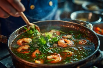 Close-up of hand stirring pot of Tom Yum, Thai sour soup, filled with shrimp, vegetables, herbs, steam rising. Concept of warm atmosphere, focus on Tom Yum cooking process.