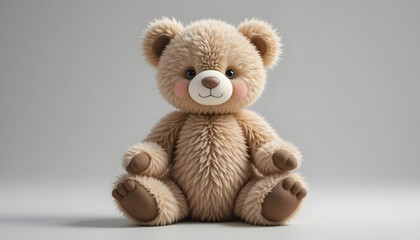 Obraz premium Cute Fluffy Brown Teddy Bear Toy Sitting on Gray Background