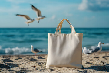 Blank Eco Cotton Tote Bag with Sea Background White Shopper Mock-up Summer Vacation