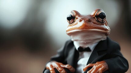 A whimsical image of a frog wearing a tuxedo, humorously anthropomorphizing charm and style, combining natural beauty with a lighthearted touch, evoking fun and creativity.