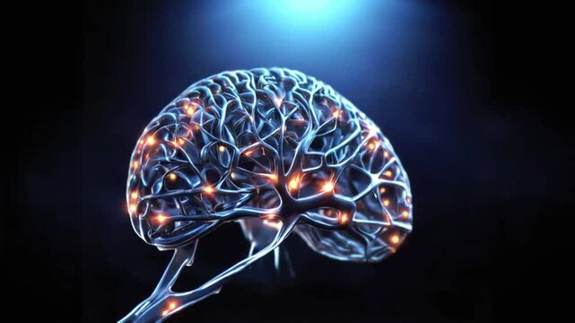 Neuronal activity in the human brain 3D illustration on a dark blue horizontal scientific video