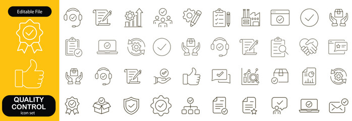 Quality control set of web icons in line style. Quality Check computing icons for web and mobile app. Containing inspection, evaluation, production, quality assurance, certificate, testing and more