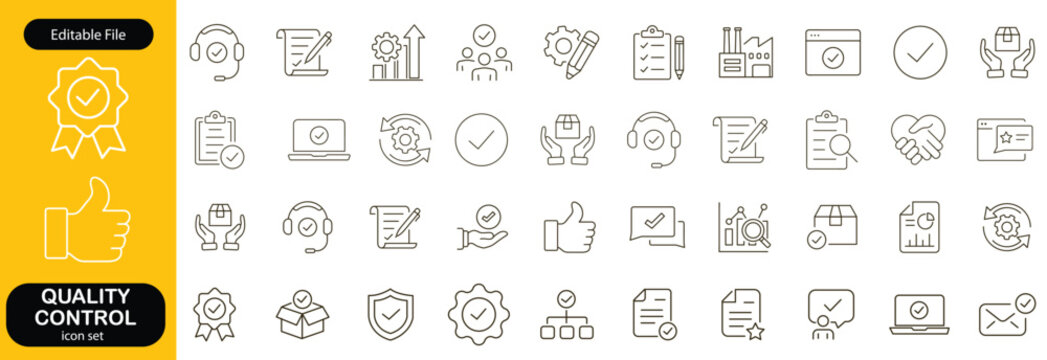 Quality control set of web icons in line style. Quality Check computing icons for web and mobile app. Containing inspection, evaluation, production, quality assurance, certificate, testing and more