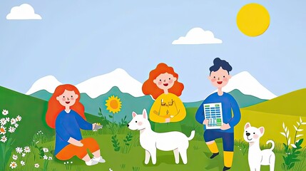 Fototapeta premium Animated solar-powered smart city with families and pets eco-friendly landscape outdoor viewpoint