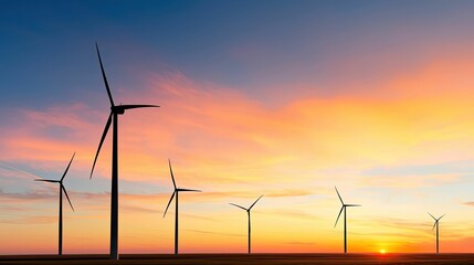 Wind farm sunrise digital graph overlay renewable energy open landscape vibrant sky futuristic concept