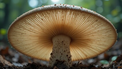 Close-Up View of a Large Mushroom Cap Underneath in a Lush Green Forest Setting
