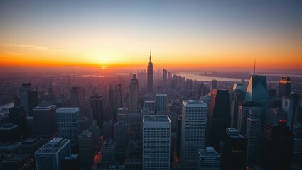 Vibrant Sunset Over the Skyline of New York City with Twinkling Lights in Dusk Atmosphere