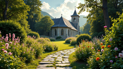 Fototapeta premium A peaceful stone chapel surrounded by vibrant flowers on a country path with a mountainous background under a partly cloudy sky.