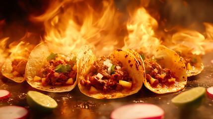 Flaming Tacos with Fresh Ingredients and Limes