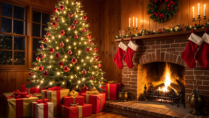 A festive christmas scene with a lit christmas tree fireplace and presents indoors