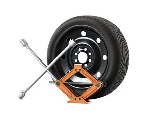 Spare tyre, jack and wheel wrench isolated on transparent background. 3D illustration