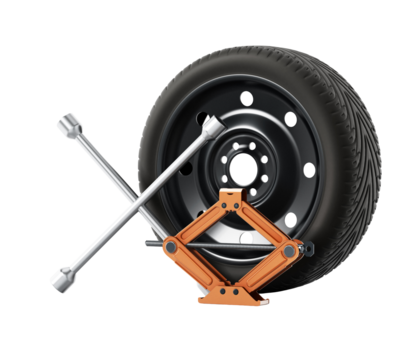 Spare tyre, jack and wheel wrench isolated on transparent background. 3D illustration