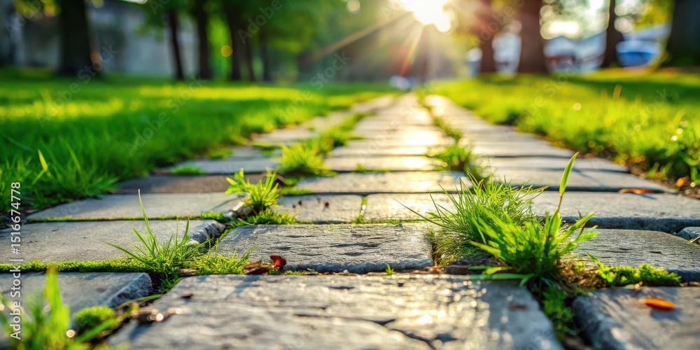 Poster Sunlit Stone Path with Emerging Green Sprouts in a Verdant Park Setting