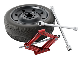 Spare tyre, jack and wheel wrench isolated on transparent background. 3D illustration