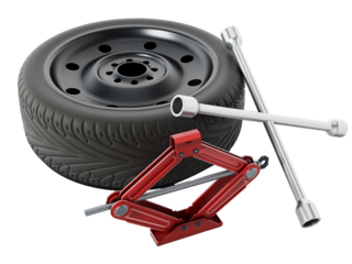 Spare tyre, jack and wheel wrench isolated on transparent background. 3D illustration