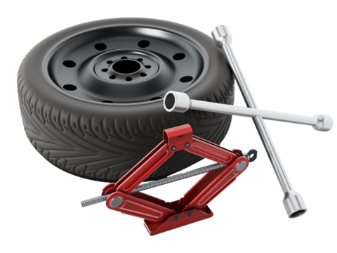 Spare tyre, jack and wheel wrench isolated on transparent background. 3D illustration